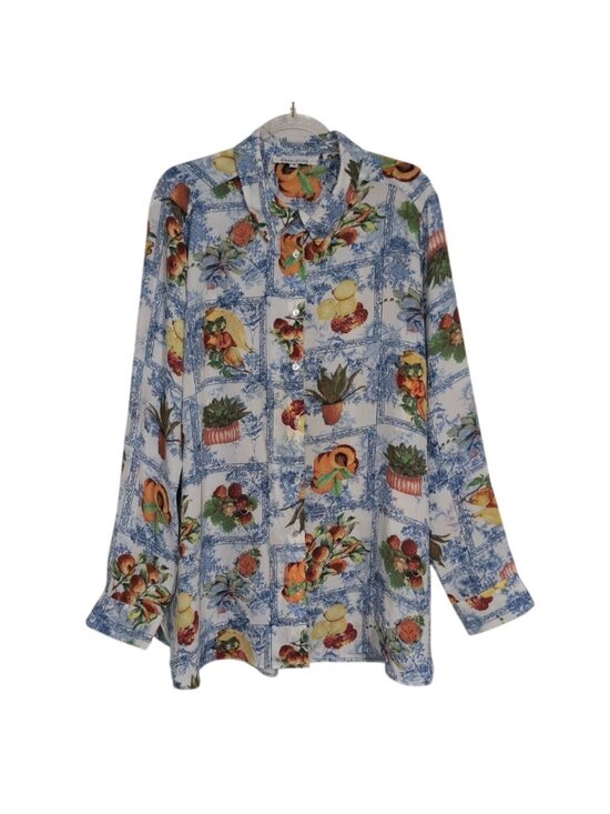 Rose & Olive Tops - Rose & Olive Floral Fruit Shirt Womens Size XL Blue Patchwork Camp 3/4 Sleeves